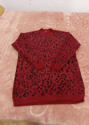 Bordo Leopar Desenli Örme Kadın Kazak esnek triko