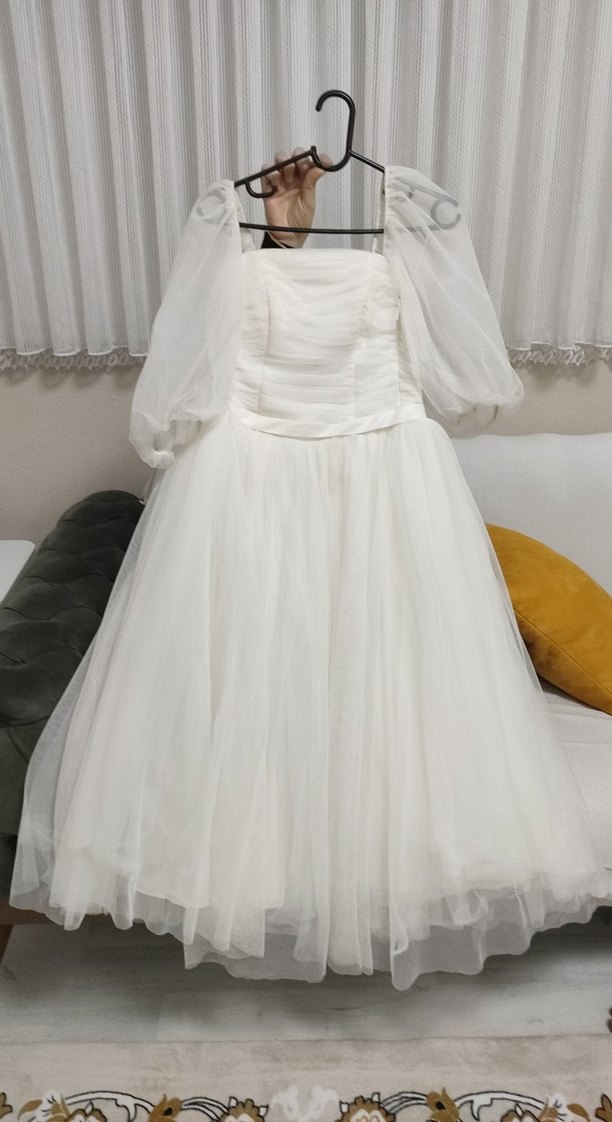 Beyaz Uzun Vintage Straplez Gelinlik - Görsel 3