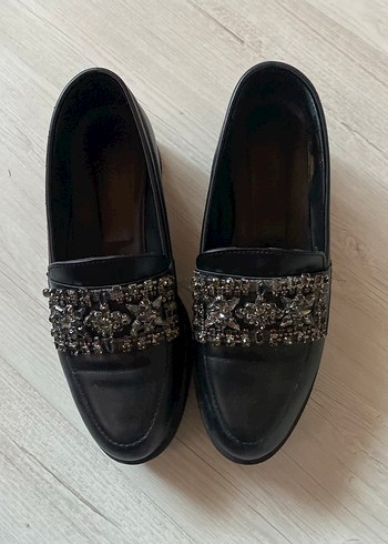 37 Beden Siyah Deri Platform Topuklu Gotik Tokalı Loafer
