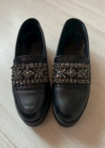 Siyah Deri Platform Topuklu Gotik Tokalı Loafer