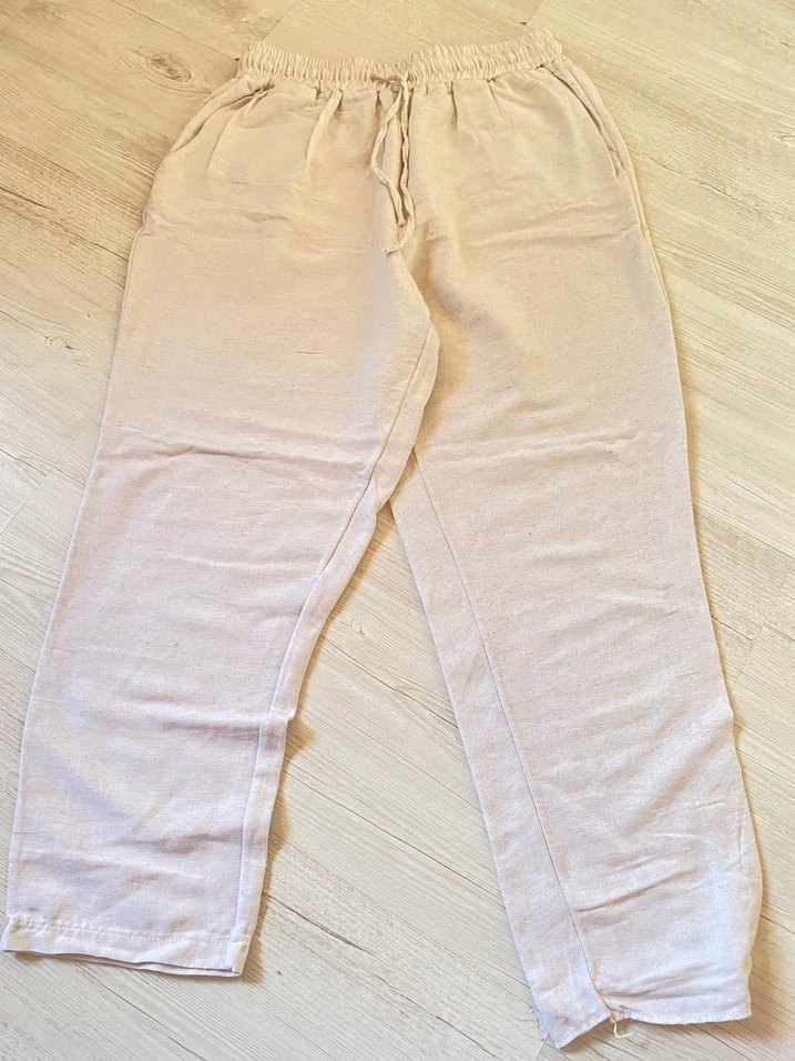 2 tane pantolon var Bej / Yeşil Bol Kesim Keten Kadın Pantolon - Görsel 2