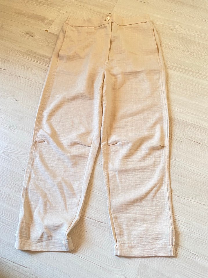 İkili takım Bej Keten Drapeli Kadın Mini Pantolon - Görsel 3