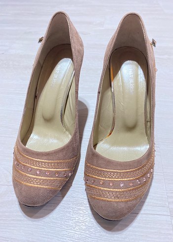 Bej Süet Kadın Dolgu Topuklu Abiye Ayakkabı - Görsel 3