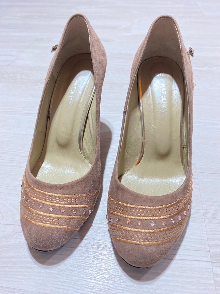 Bej Süet Kadın Dolgu Topuklu Abiye Ayakkabı - Görsel 3