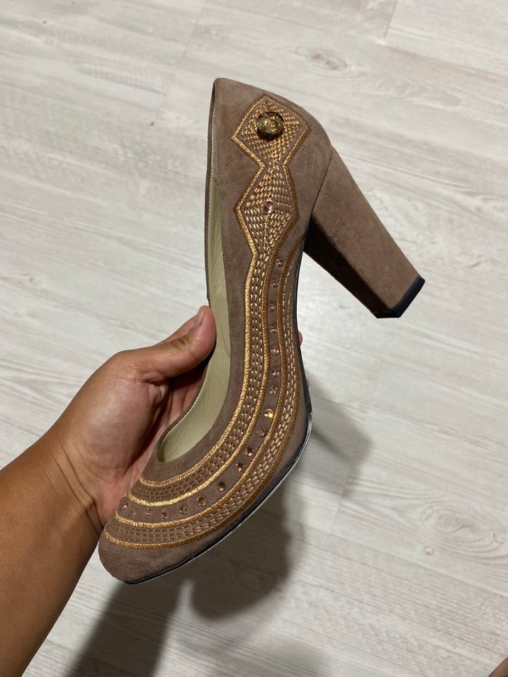 Bej Süet Kadın Dolgu Topuklu Abiye Ayakkabı - Görsel 2