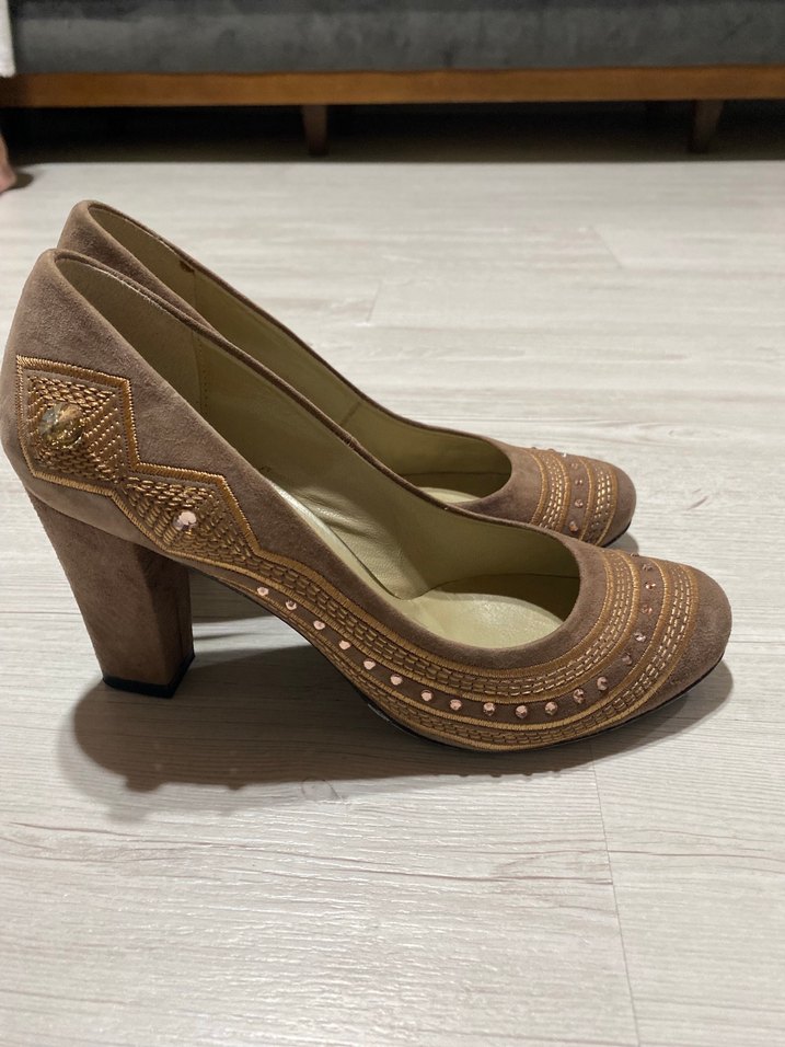 Bej Süet Kadın Dolgu Topuklu Abiye Ayakkabı - Görsel 5