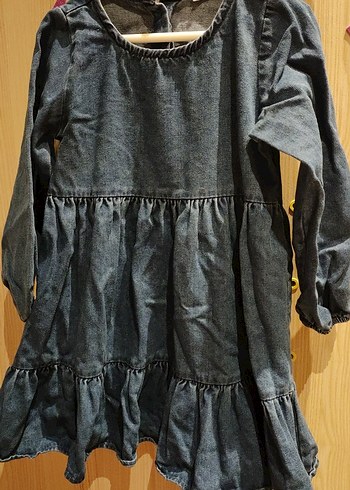 Gri Uzun Kollu Kız Çocuk Denim Elbise