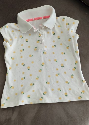 Kız Çocuk Beyaz Çiçek Desenli Polo Tişört
