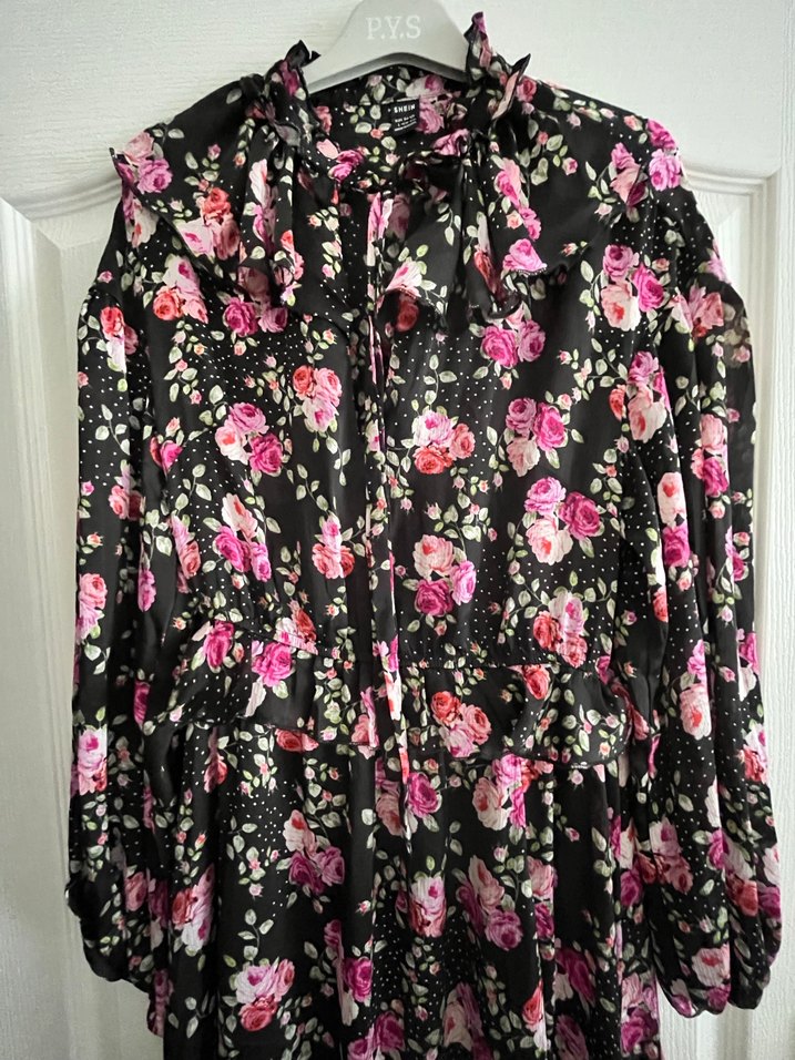 Pembe siyah cicekli elbise shein - Görsel 3