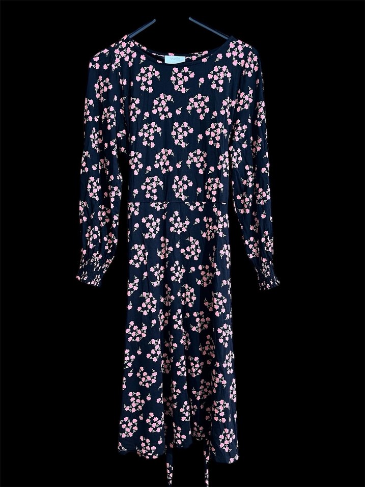 Uzun Kollu Siyah Çiçekli Salaş Elbise - Görsel 5