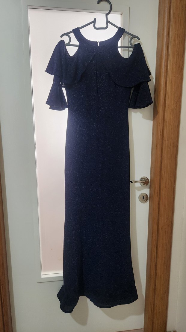 Omzu Açık Yarım Kollu Lacivert Drapeli Elbisesi - Görsel 2