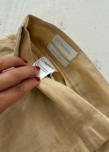 36 Beden Bej Düğmeli Yüksek Bel Keten Mini Şort