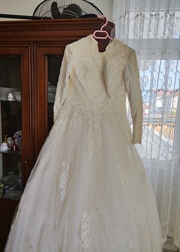 Bej hakim yaka tesettur A Kesim Uzun Gelinlik - Görsel 4