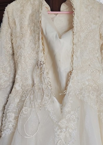 Bej hakim yaka tesettur A Kesim Uzun Gelinlik - Görsel 7