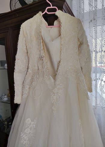 Bej hakim yaka tesettur A Kesim Uzun Gelinlik - Görsel 2