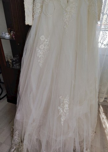 Bej hakim yaka tesettur A Kesim Uzun Gelinlik - Görsel 3