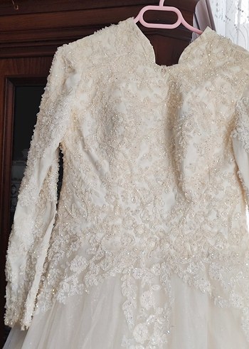 Bej hakim yaka tesettur A Kesim Uzun Gelinlik - Görsel 9