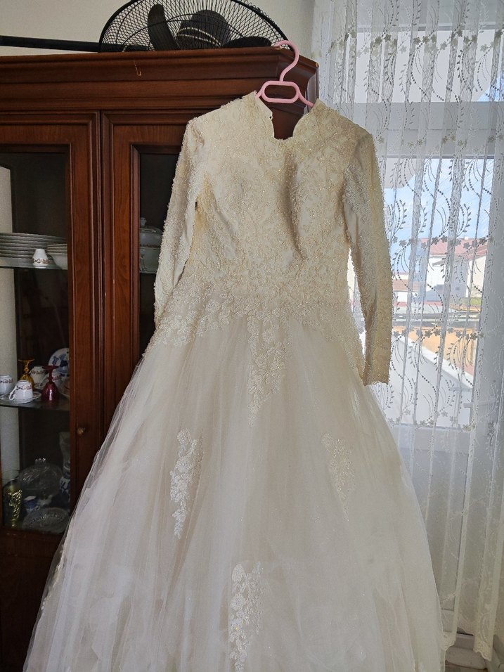 Bej hakim yaka tesettur A Kesim Uzun Gelinlik - Görsel 4