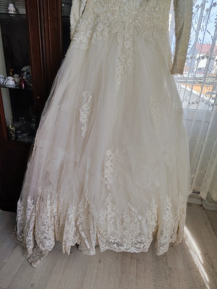 Bej hakim yaka tesettur A Kesim Uzun Gelinlik - Görsel 5