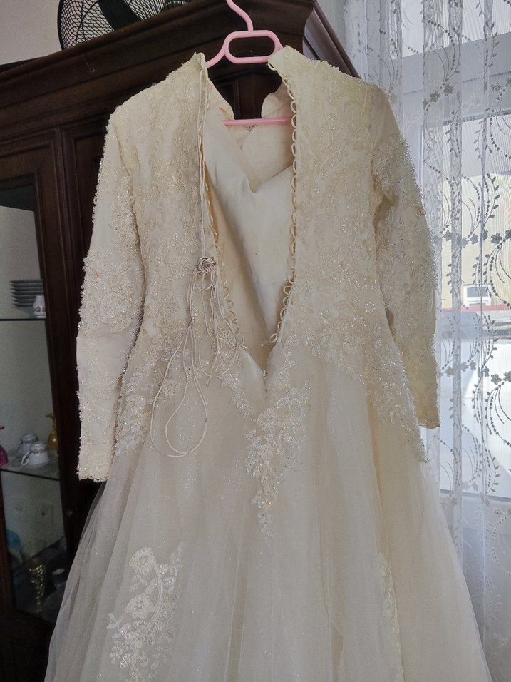 Bej hakim yaka tesettur A Kesim Uzun Gelinlik - Görsel 2