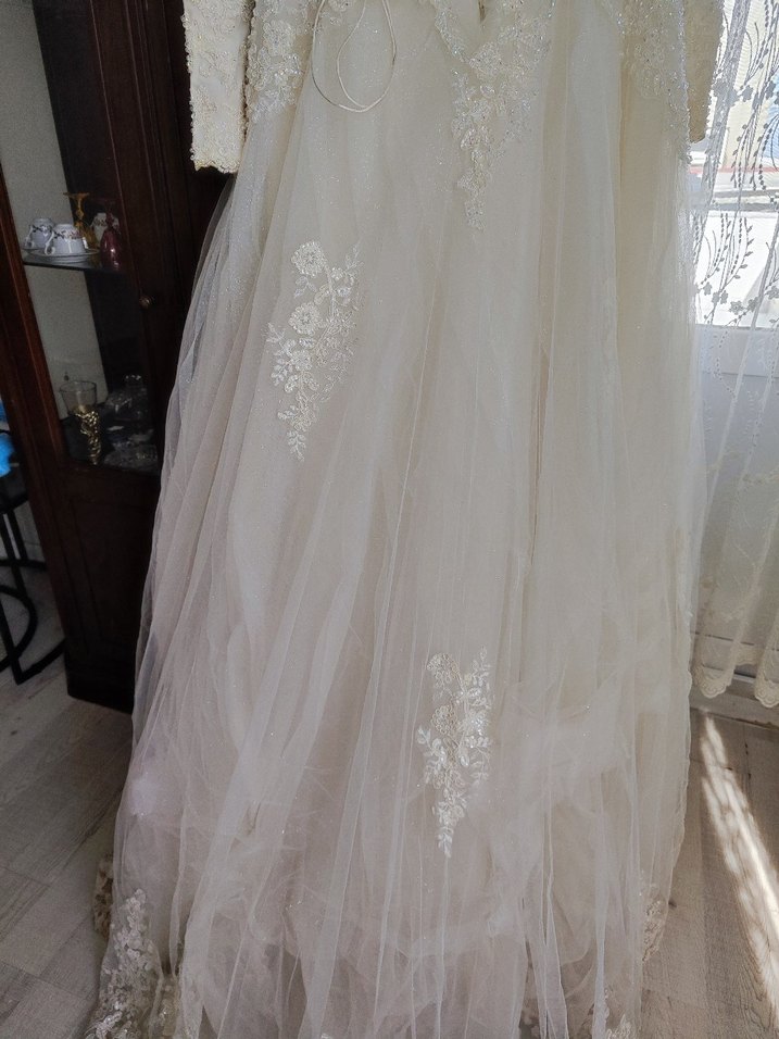 Bej hakim yaka tesettur A Kesim Uzun Gelinlik - Görsel 3