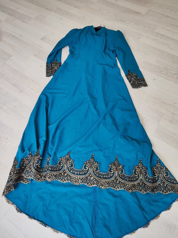 Nakış İşlemeli Uzun Turkuaz Elbise - Görsel 3