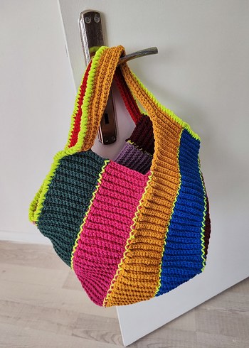 Renkli Örgü Bohem Kadın Çanta ve sapka - Görsel 5