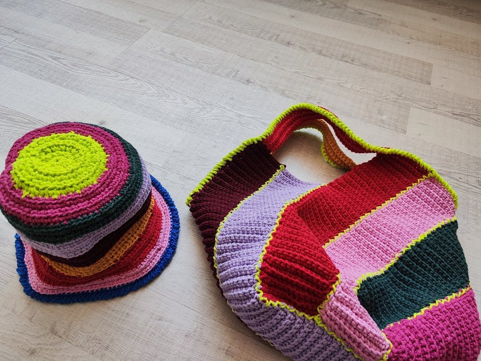 Renkli Örgü Bohem Kadın Çanta ve sapka - Görsel 2