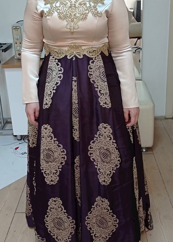 Uzun Kollu Mor İşlemeli Kadın Elbise - Görsel 6