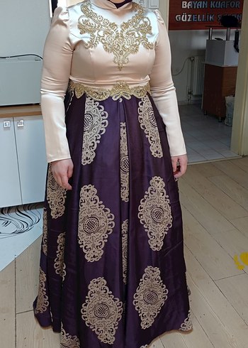 Uzun Kollu Mor İşlemeli Kadın Elbise - Görsel 5