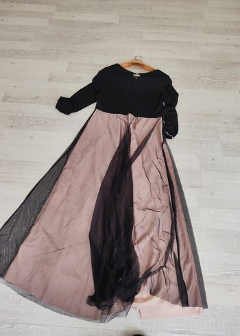 Uzun Kollu Siyah Bej Abiye Elbise - Görsel 3