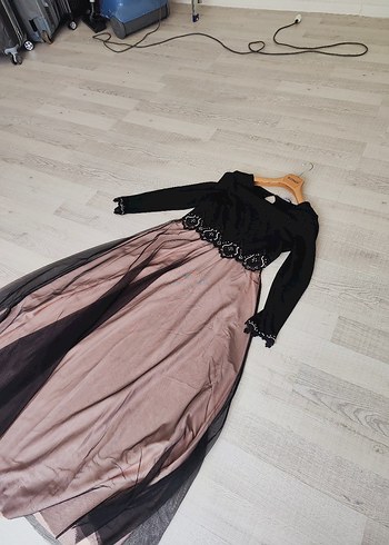 Uzun Kollu Siyah Bej Abiye Elbise - Görsel 5