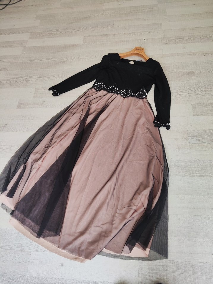 Uzun Kollu Siyah Bej Abiye Elbise - Görsel 4