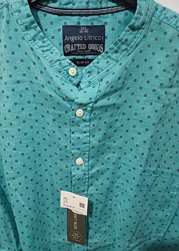 Turkuaz Düğmeli Bağlama Desenli Erkek Gömlek - Görsel 3