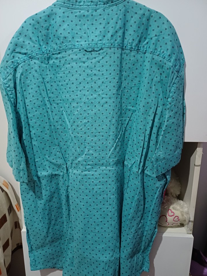 Turkuaz Düğmeli Bağlama Desenli Erkek Gömlek - Görsel 4