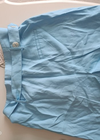 Mavi Piliseli Keten Midi Pantolon - Görsel 5