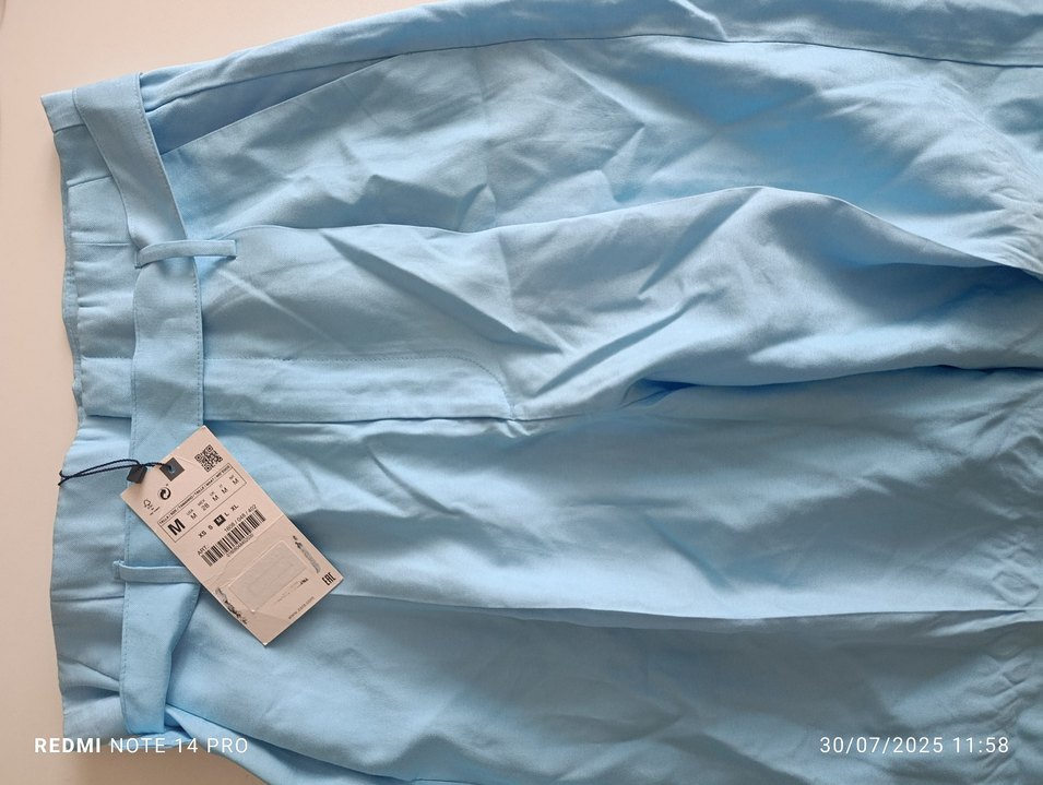 Mavi Piliseli Keten Midi Pantolon - Görsel 3