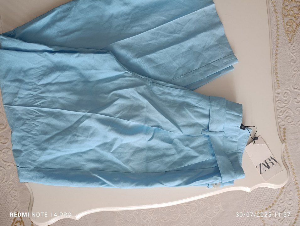 Mavi Piliseli Keten Midi Pantolon - Görsel 4