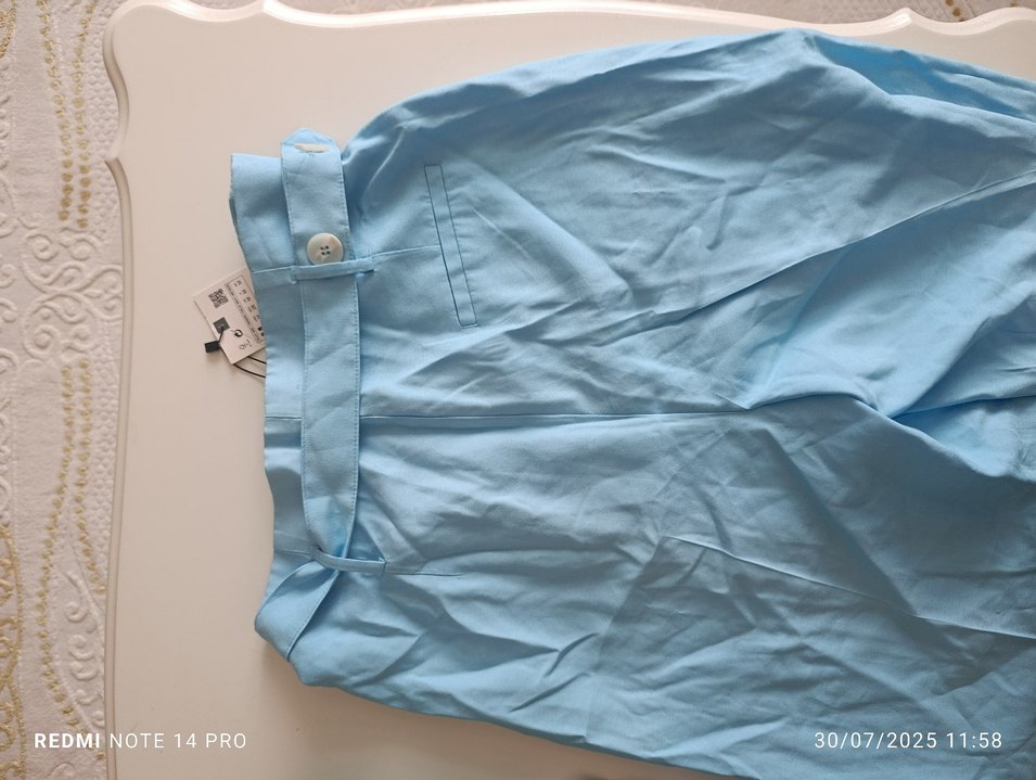 Mavi Piliseli Keten Midi Pantolon - Görsel 5