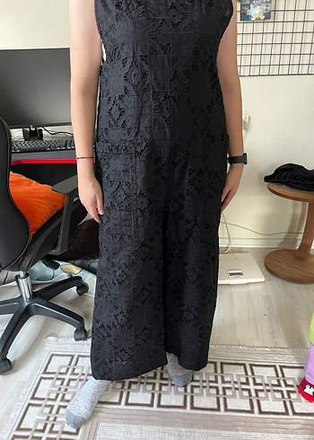 Siyah Dantel Detaylı Midi Tulum - Görsel 2