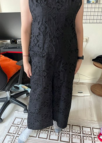 Siyah Dantel Detaylı Midi Tulum - Görsel 4