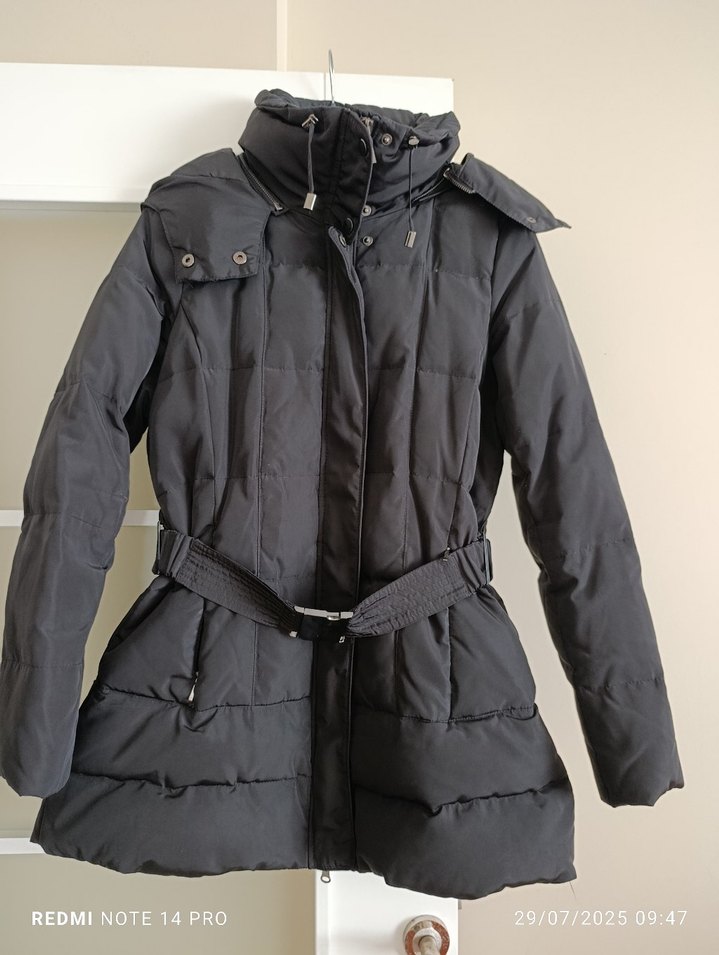 Kemerli Siyah Midi Kadın Kışlık Mont - Görsel 5