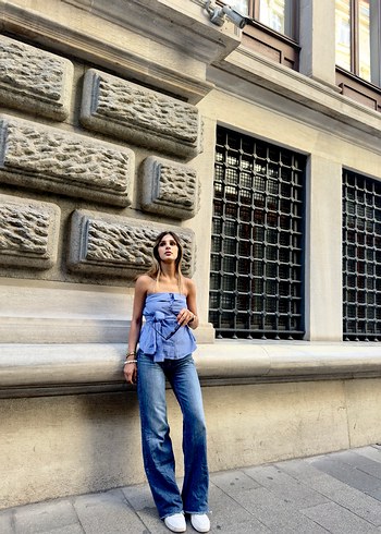 Straplez çizgili gömlek - Görsel 5