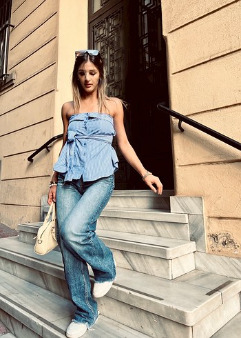 Straplez çizgili gömlek - Görsel 3