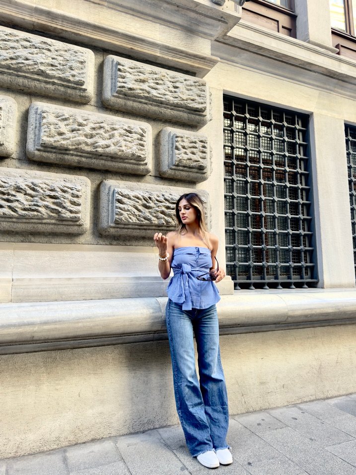 Straplez çizgili gömlek - Görsel 2