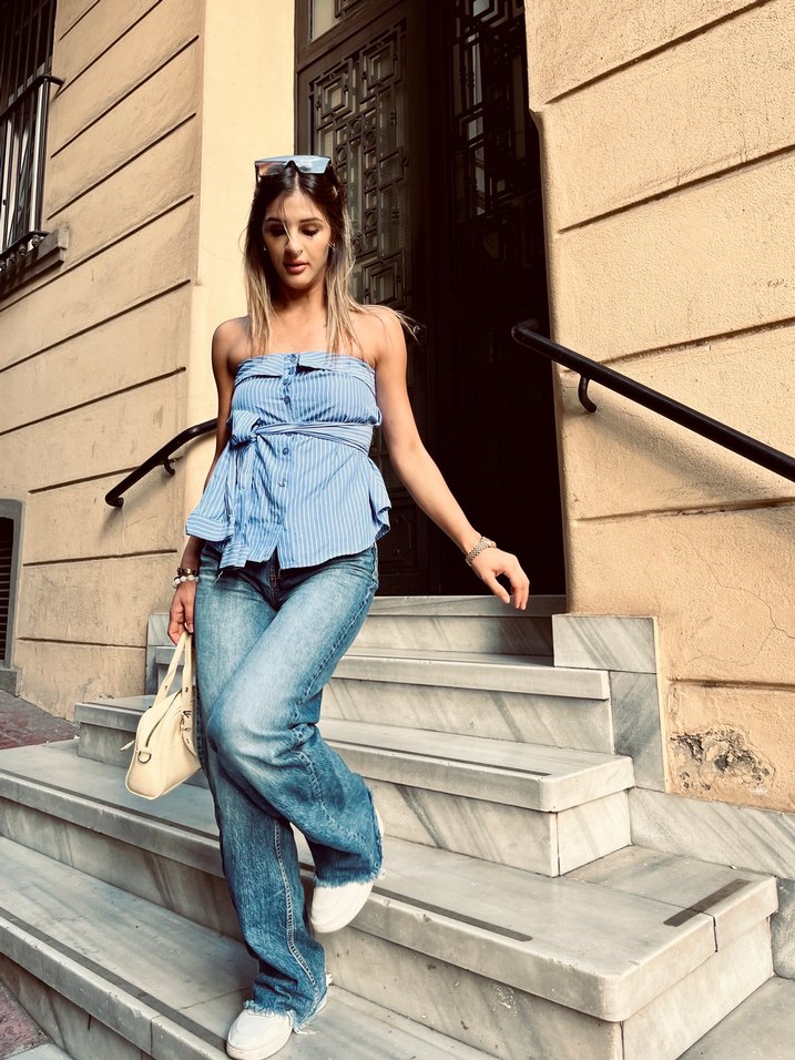 Straplez çizgili gömlek - Görsel 3