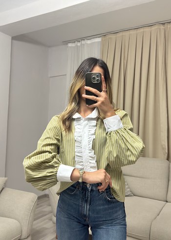 Hakim yaka fıstık yeşili çizgili gömlek - Görsel 4