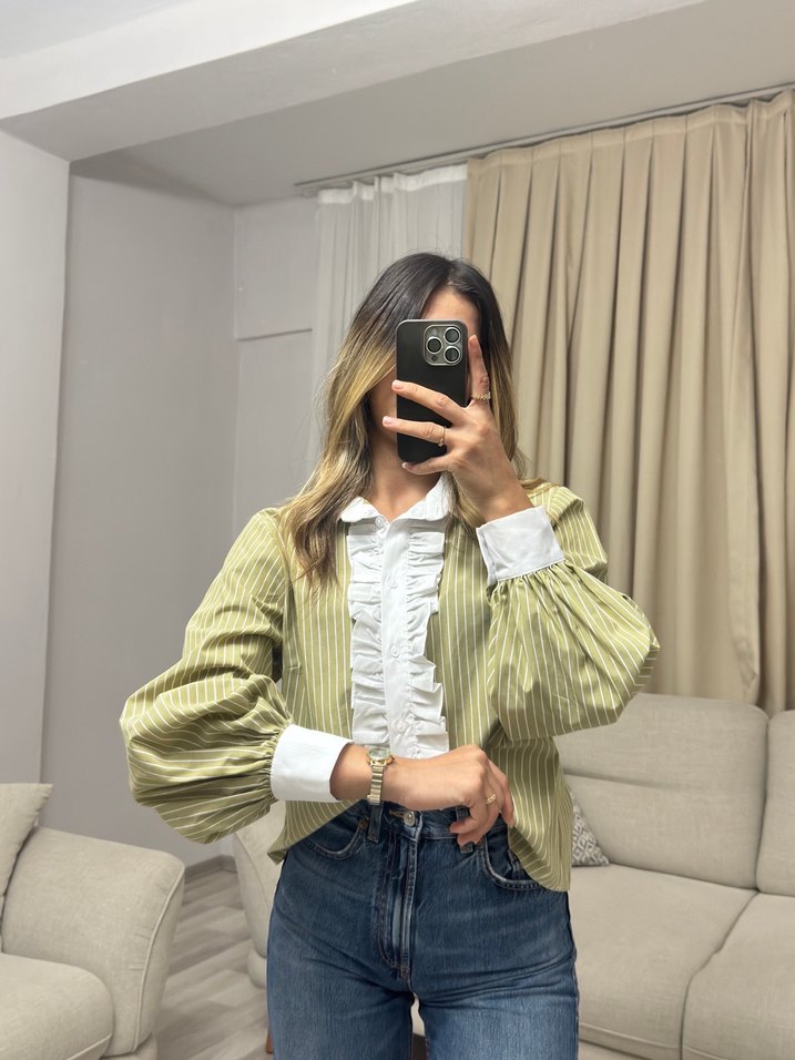 Hakim yaka fıstık yeşili çizgili gömlek - Görsel 4