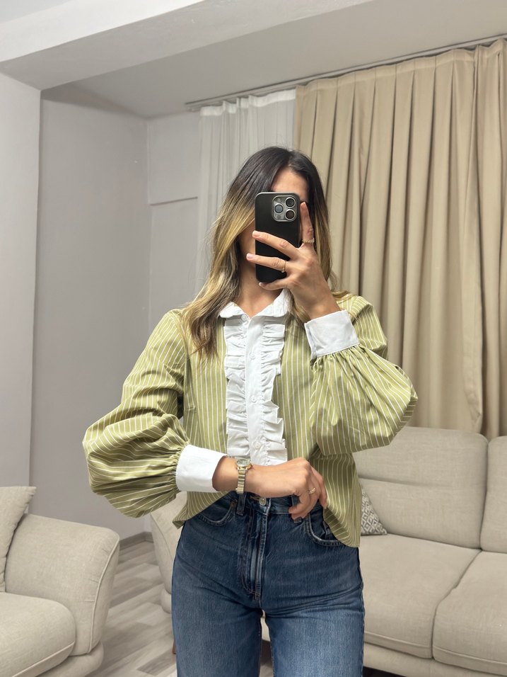 Hakim yaka fıstık yeşili çizgili gömlek - Görsel 2