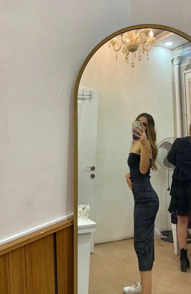 Taşlı Straplez Uzun Denim Elbise - Görsel 2